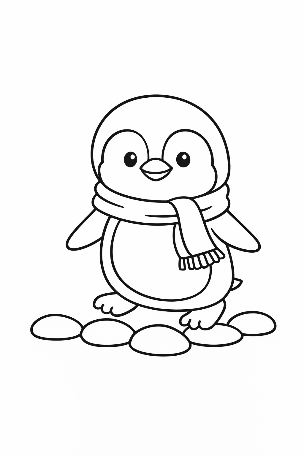 A cute penguin stepping carefully across round pebbles