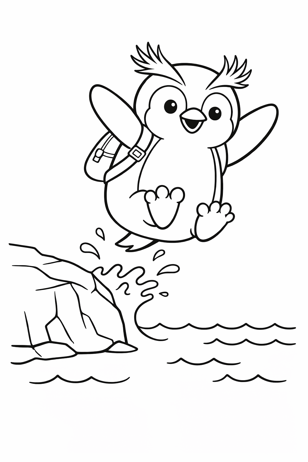 A cute rockhopper penguin jumping feet-first off a rock into the sea