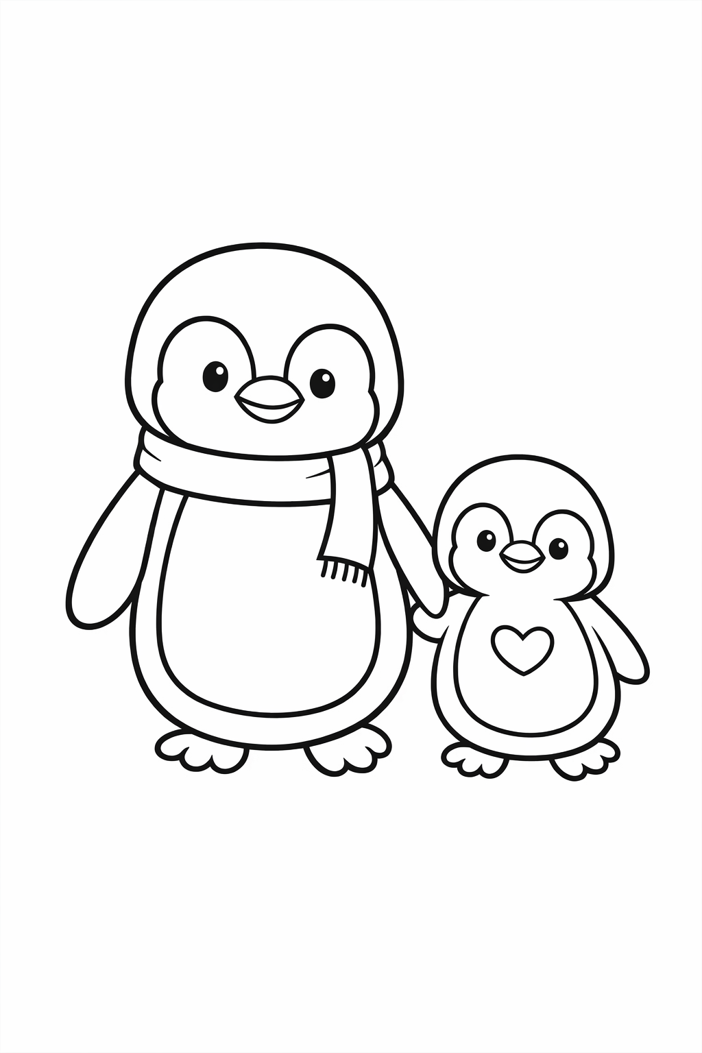 A cute penguin parent and chick walking side by side