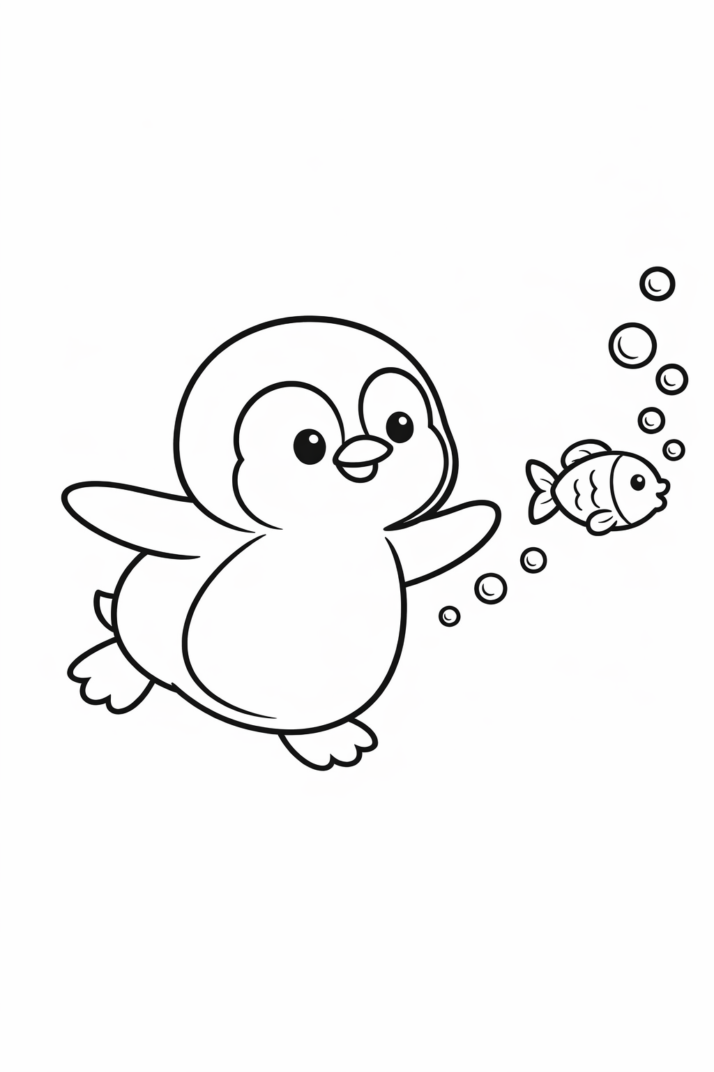 A cute penguin chasing one small fish with a bubble trail