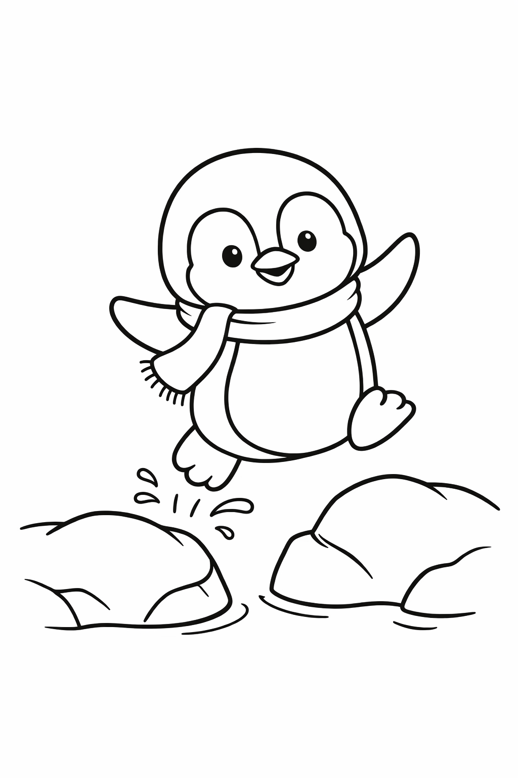 A cute penguin hopping from one low rock to another