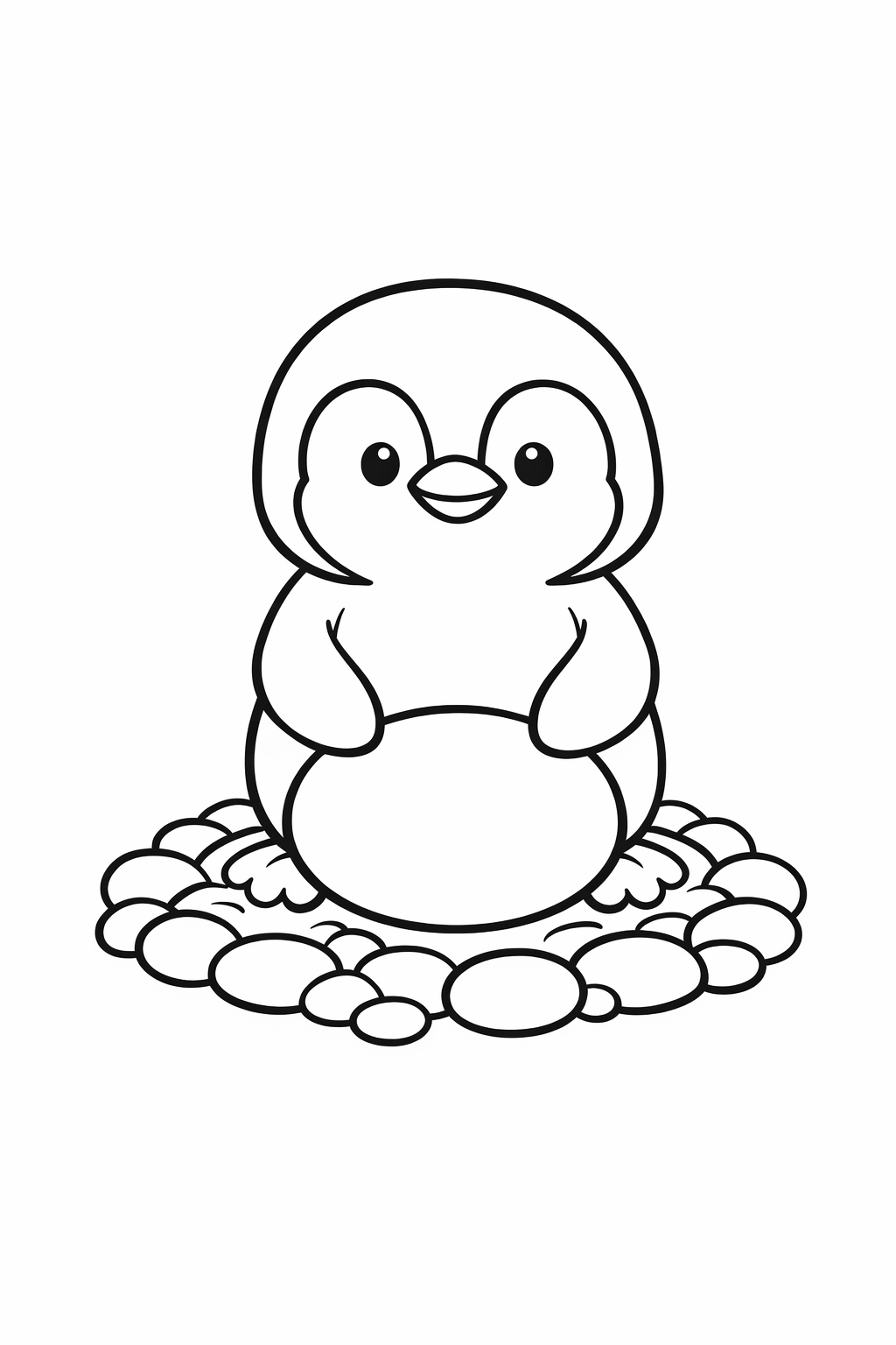 A cute penguin sitting over an egg in a pebble nest