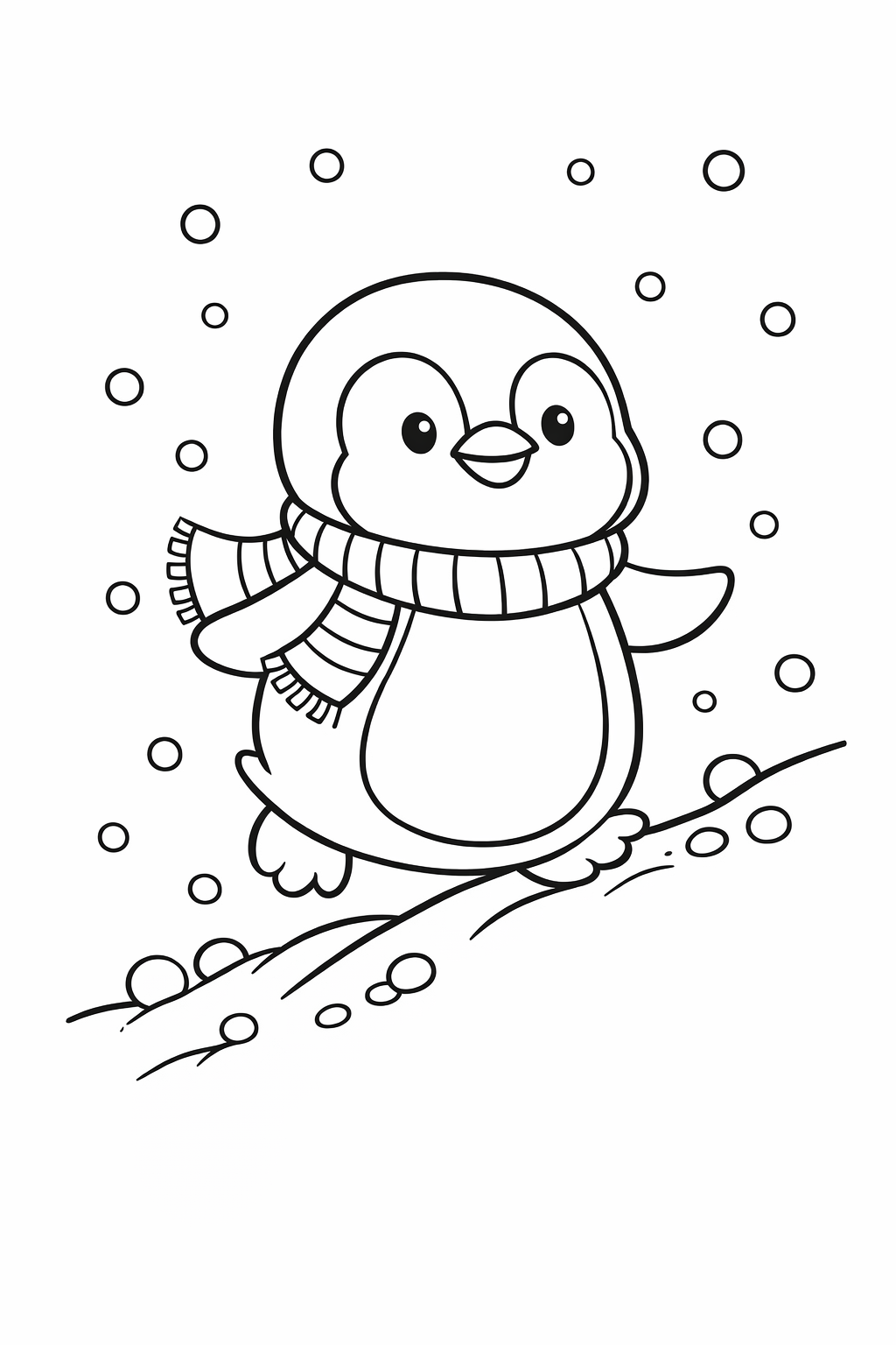 A cute penguin waddling uphill through light snow