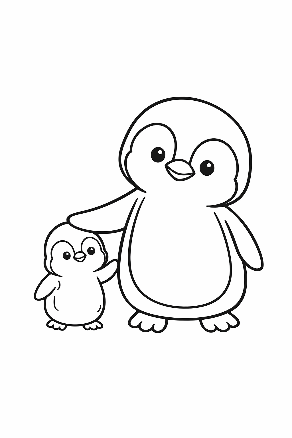 A cute penguin guiding a chick forward with one flipper