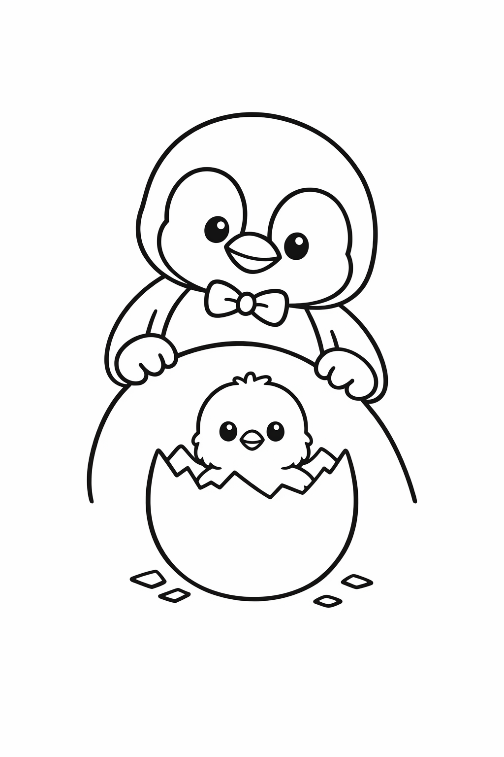 A cute penguin peeking down at a newly hatched chick