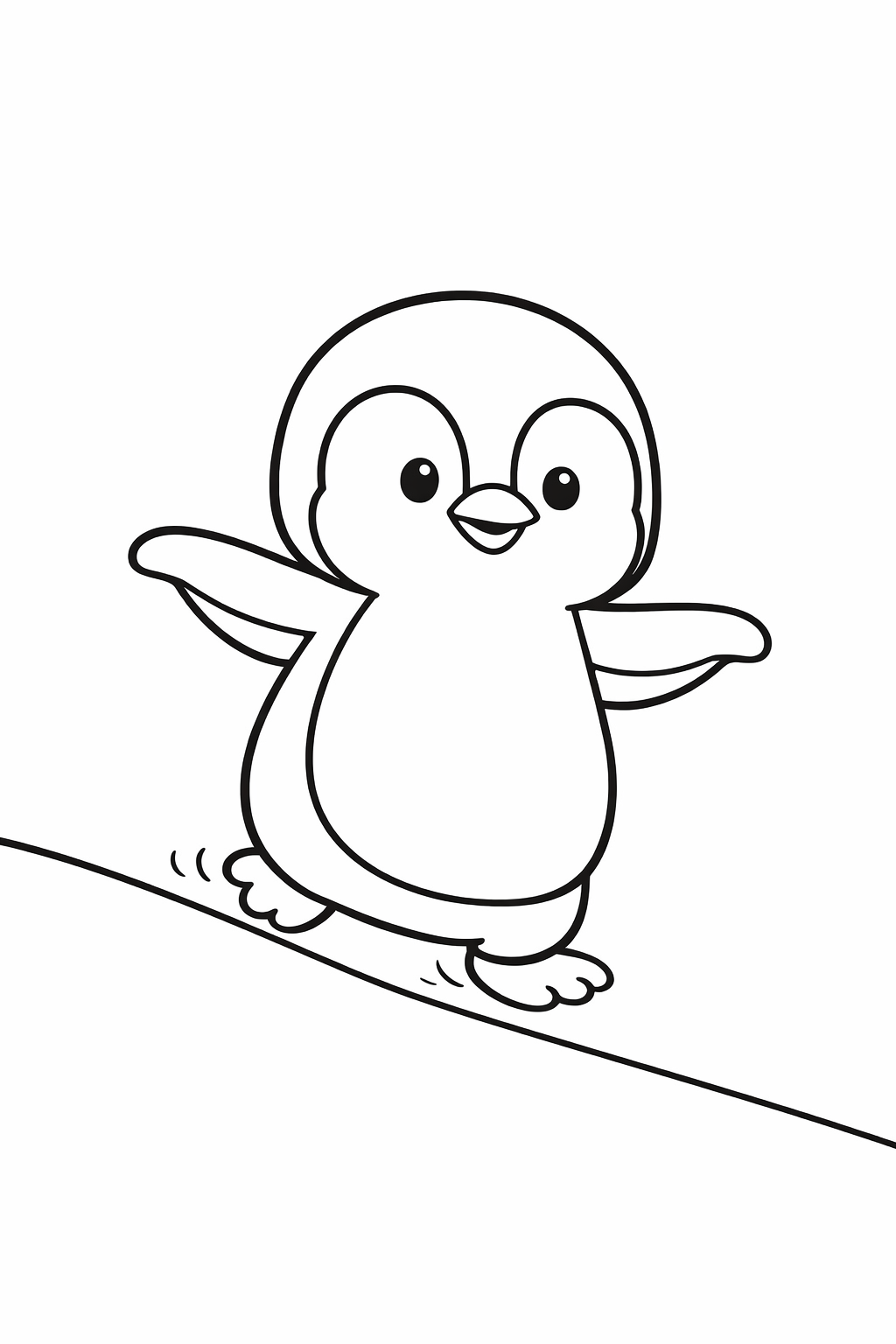 A cute penguin waddling downhill with flippers out for balance
