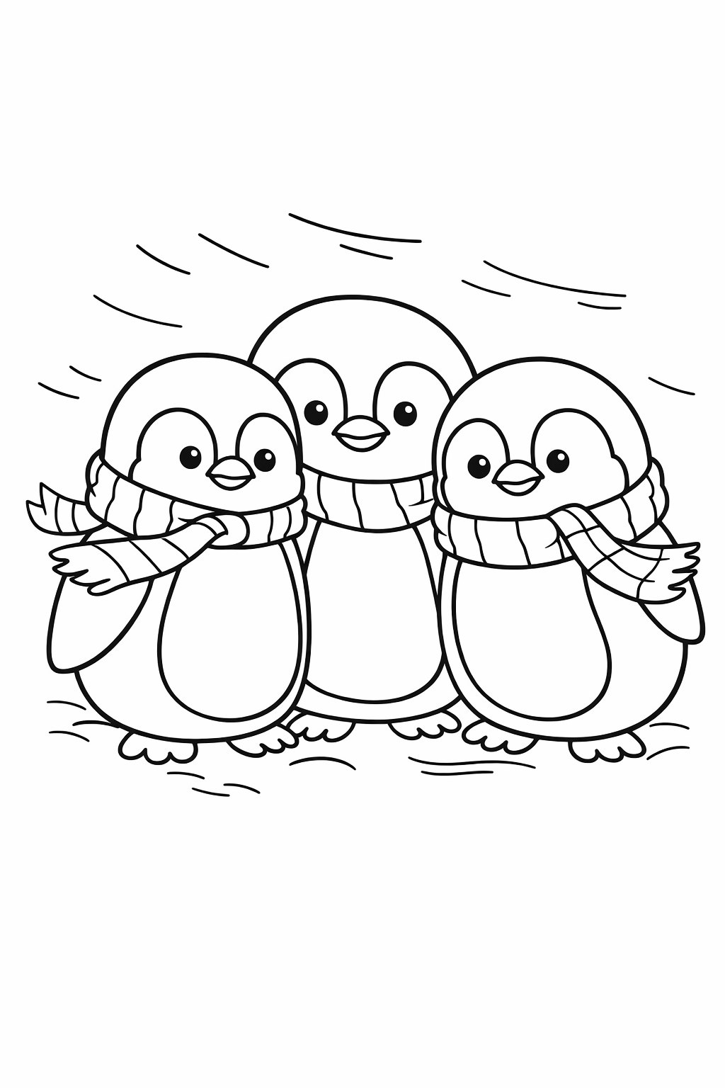 A cute group of three penguins huddling close against the wind