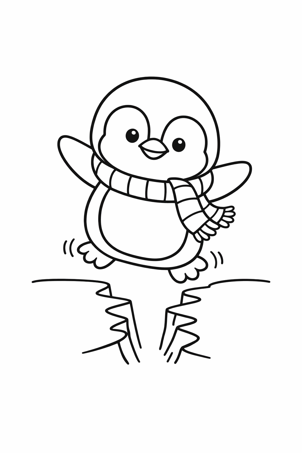 A cute penguin hopping over a narrow ice crack
