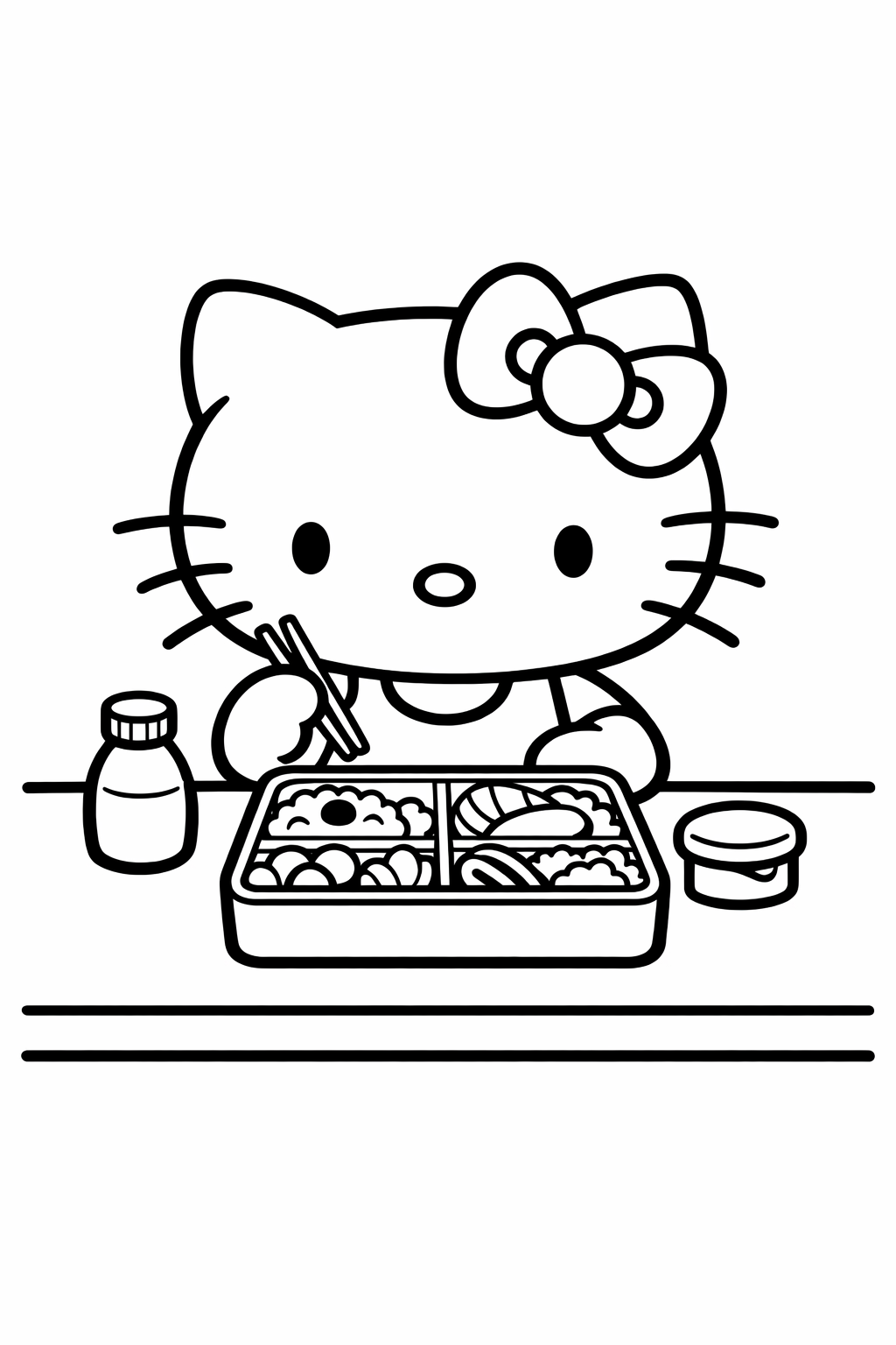 Hello Kitty at a kitchen table with a bento box