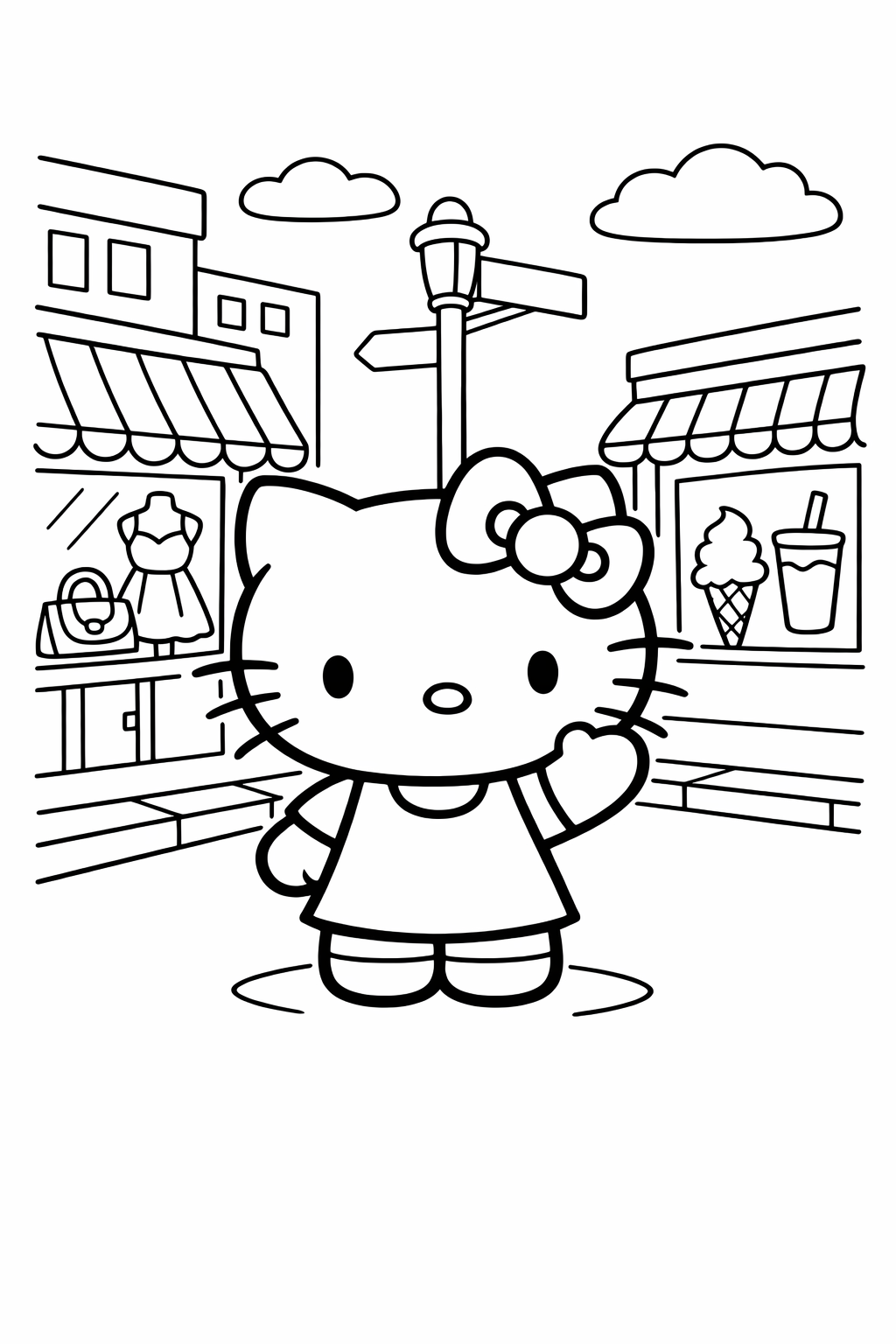 Hello Kitty on a city street corner with shop windows