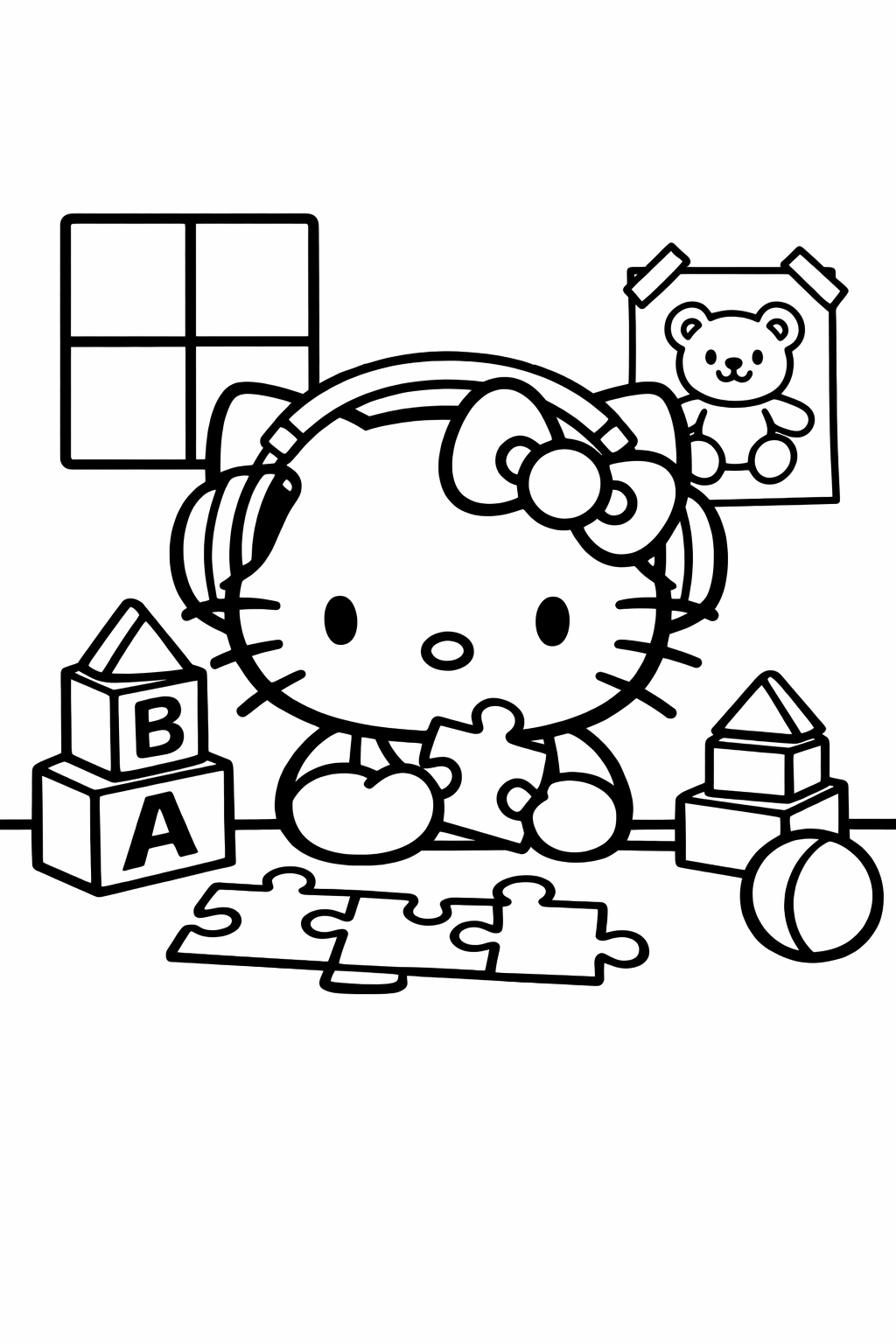 Hello Kitty in a playroom with blocks and puzzles
