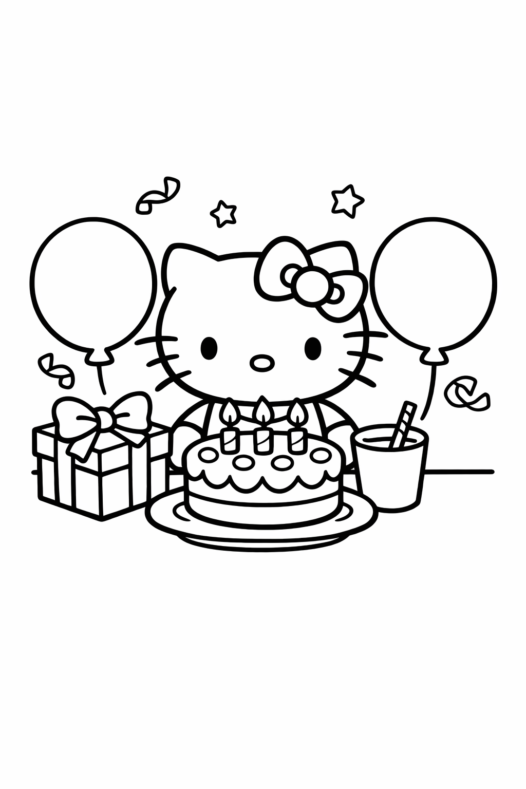 Hello Kitty at a birthday table with balloons and cake