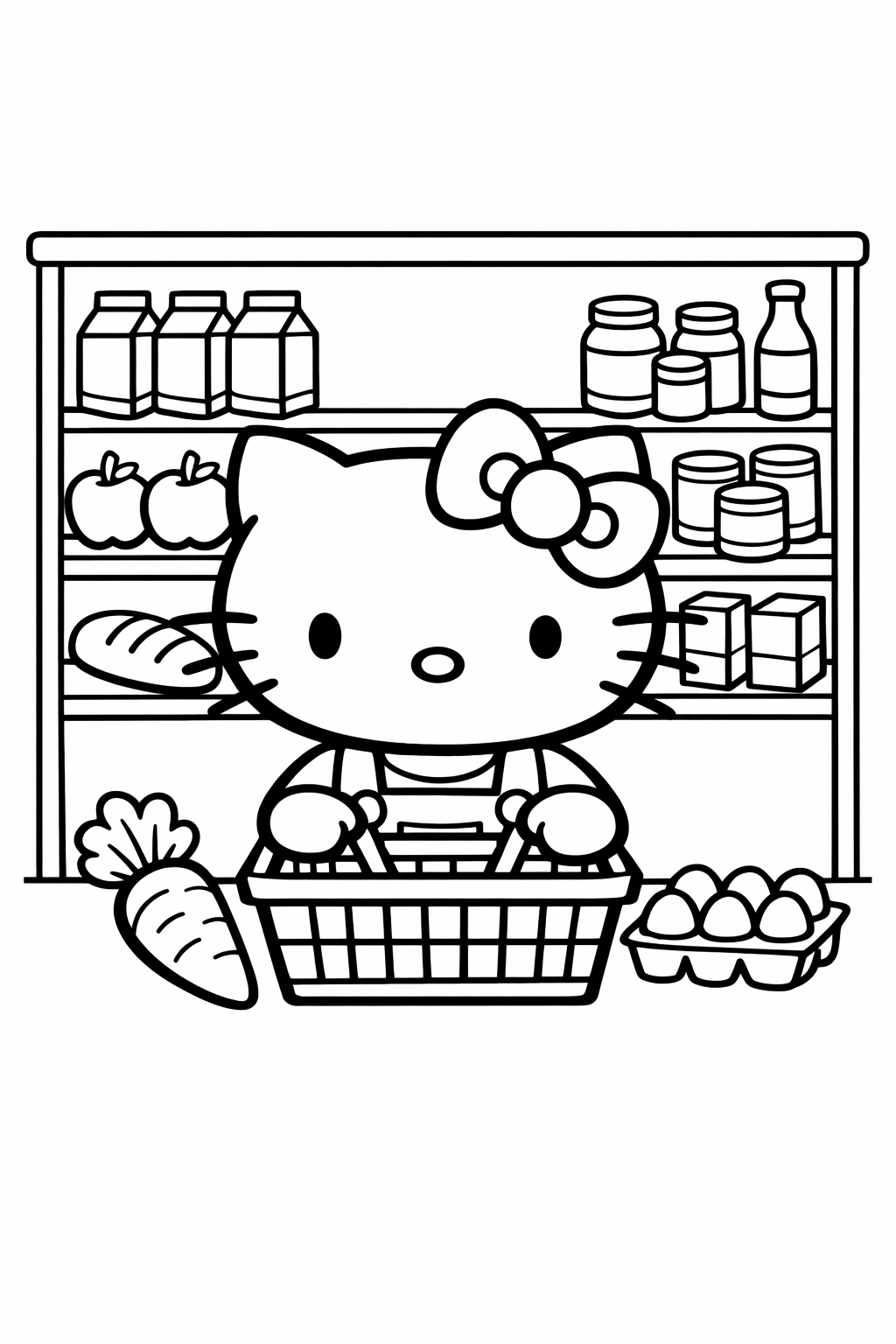 Hello Kitty in a small grocery shop with shelves