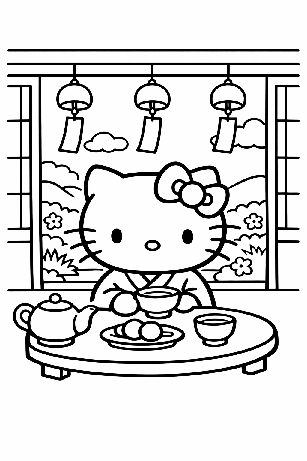 Hello Kitty in a garden tea house with wind chimes