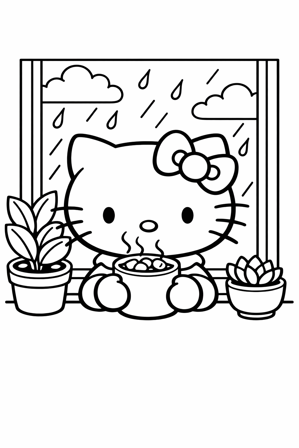 Hello Kitty by a rainy window with plants and cocoa