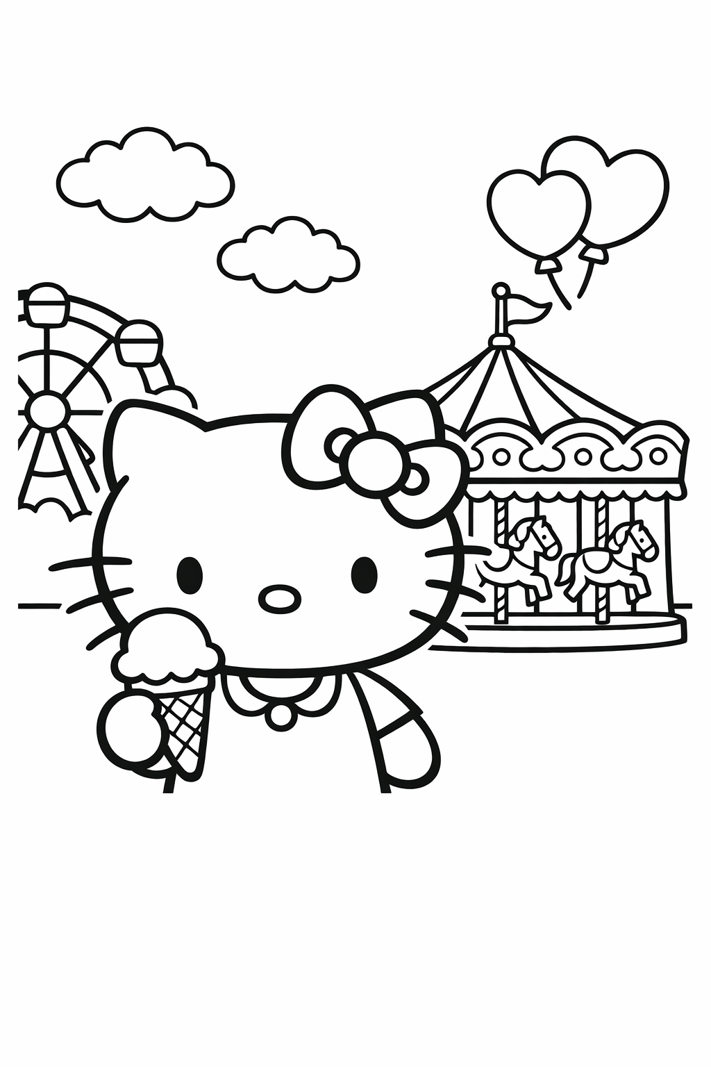 Hello Kitty at an amusement park with a carousel