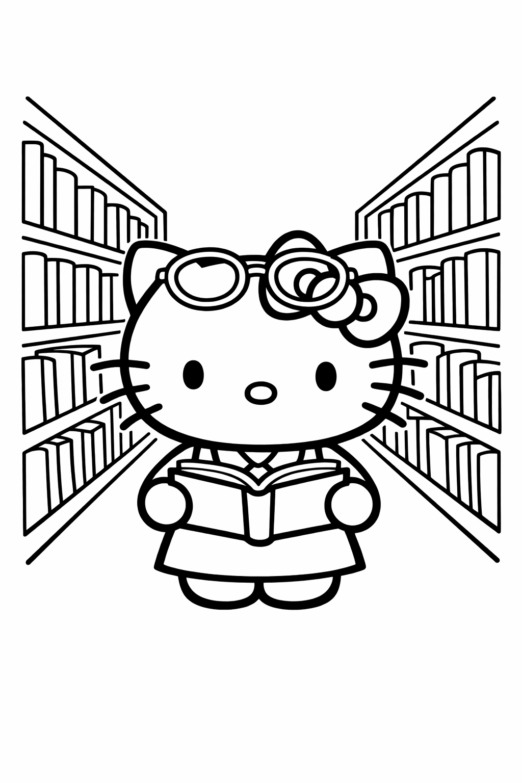 Hello Kitty in a library aisle with tall shelves