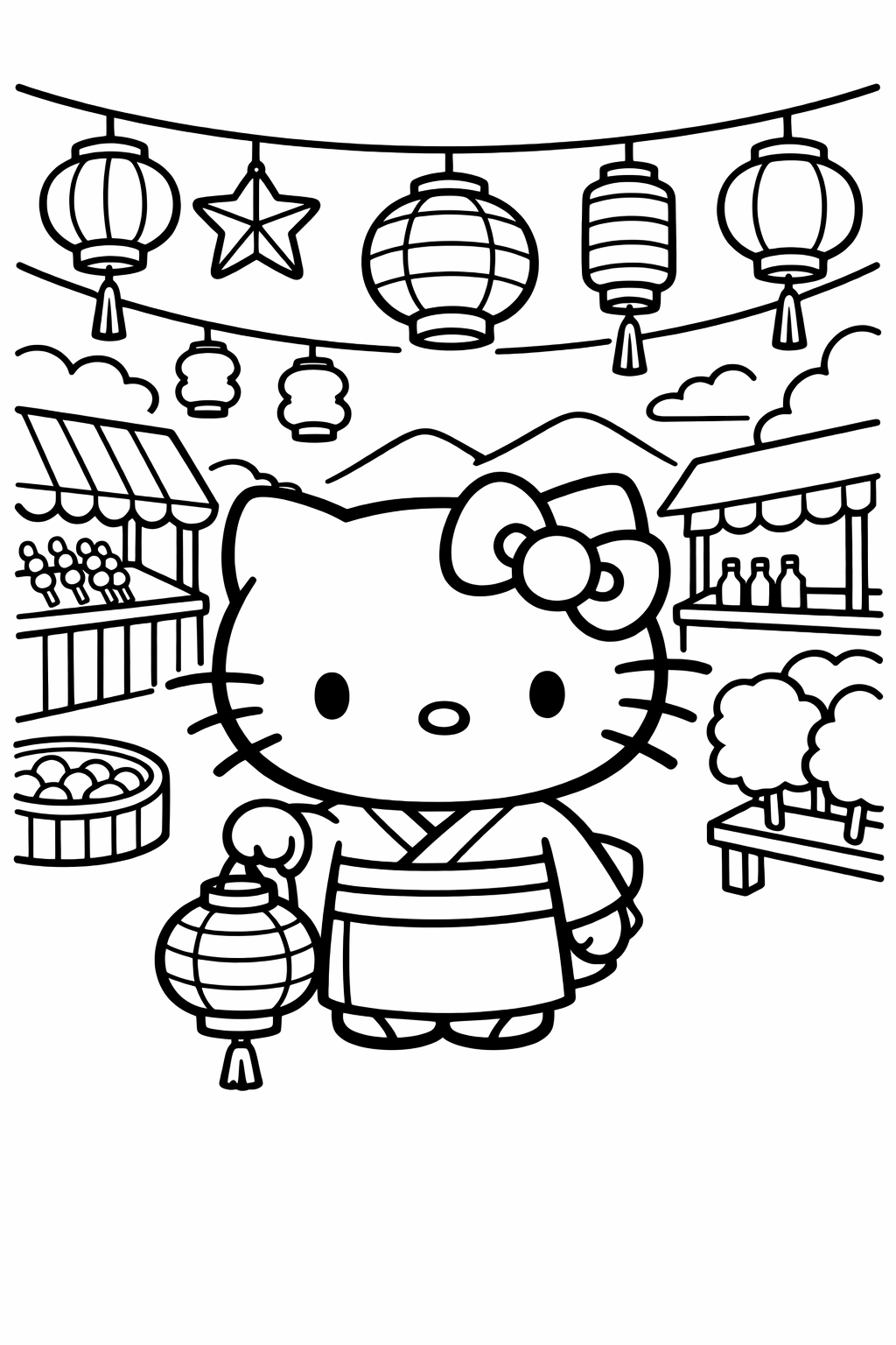 Hello Kitty at a lantern festival street with stalls