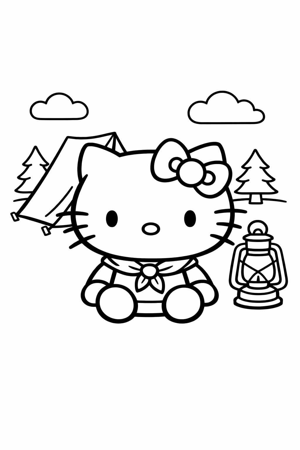 Hello Kitty at a campsite with a tent and lantern