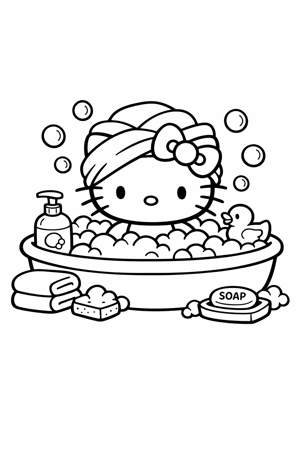 Hello Kitty in a bubble bath with towels and soap