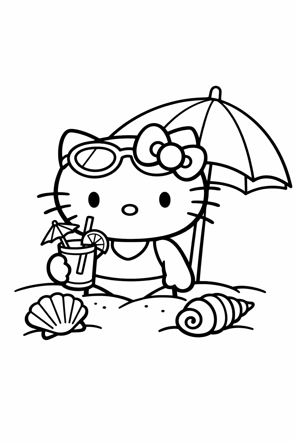 Hello Kitty at the beach with shells and an umbrella