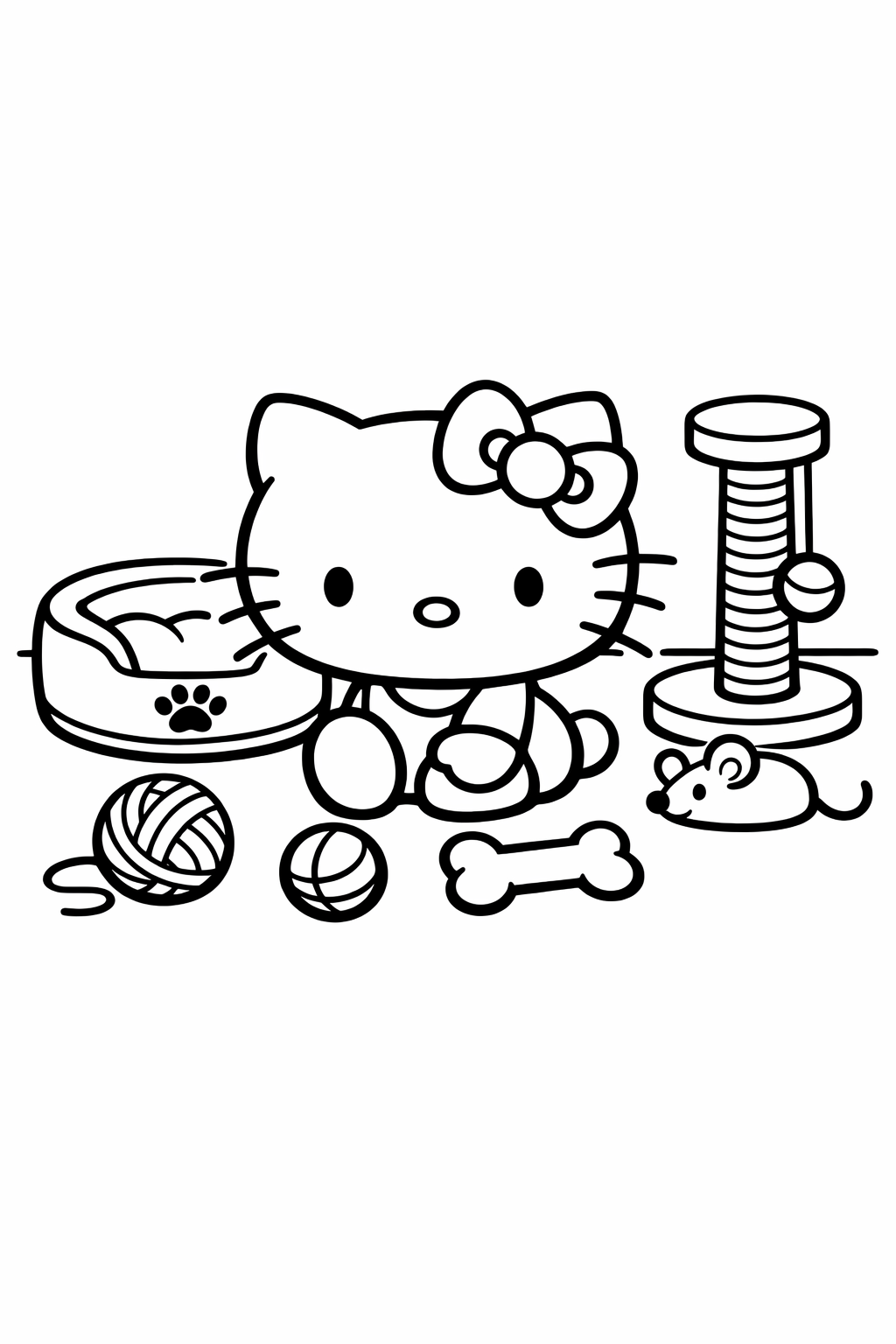 Hello Kitty in a pet corner with a bed and toys