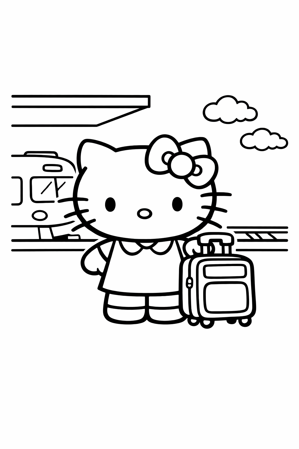 Hello Kitty at a train platform with a suitcase