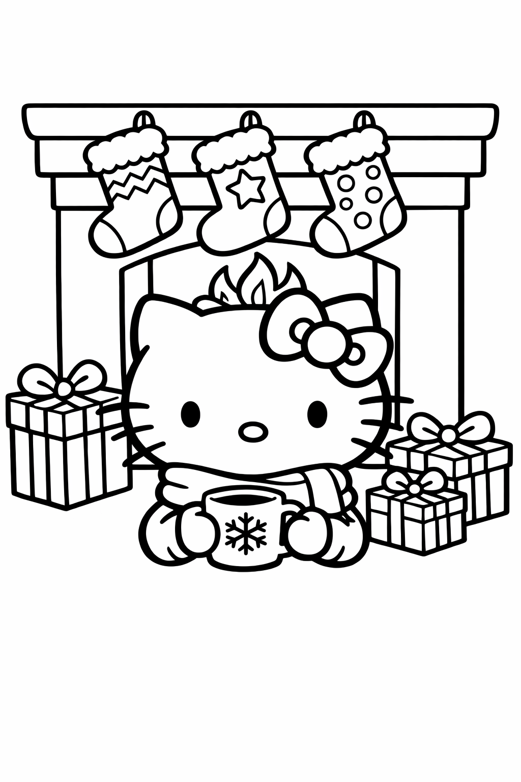 Hello Kitty by a winter fireplace with stockings and gifts
