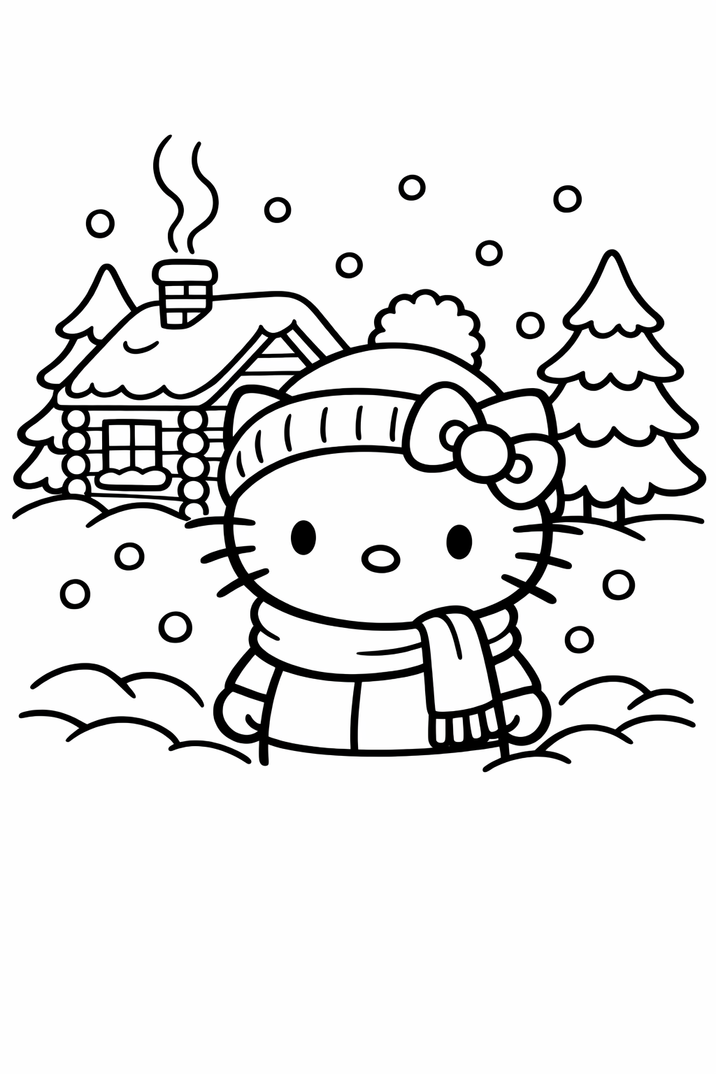Hello Kitty outside a snowy cabin with pine trees
