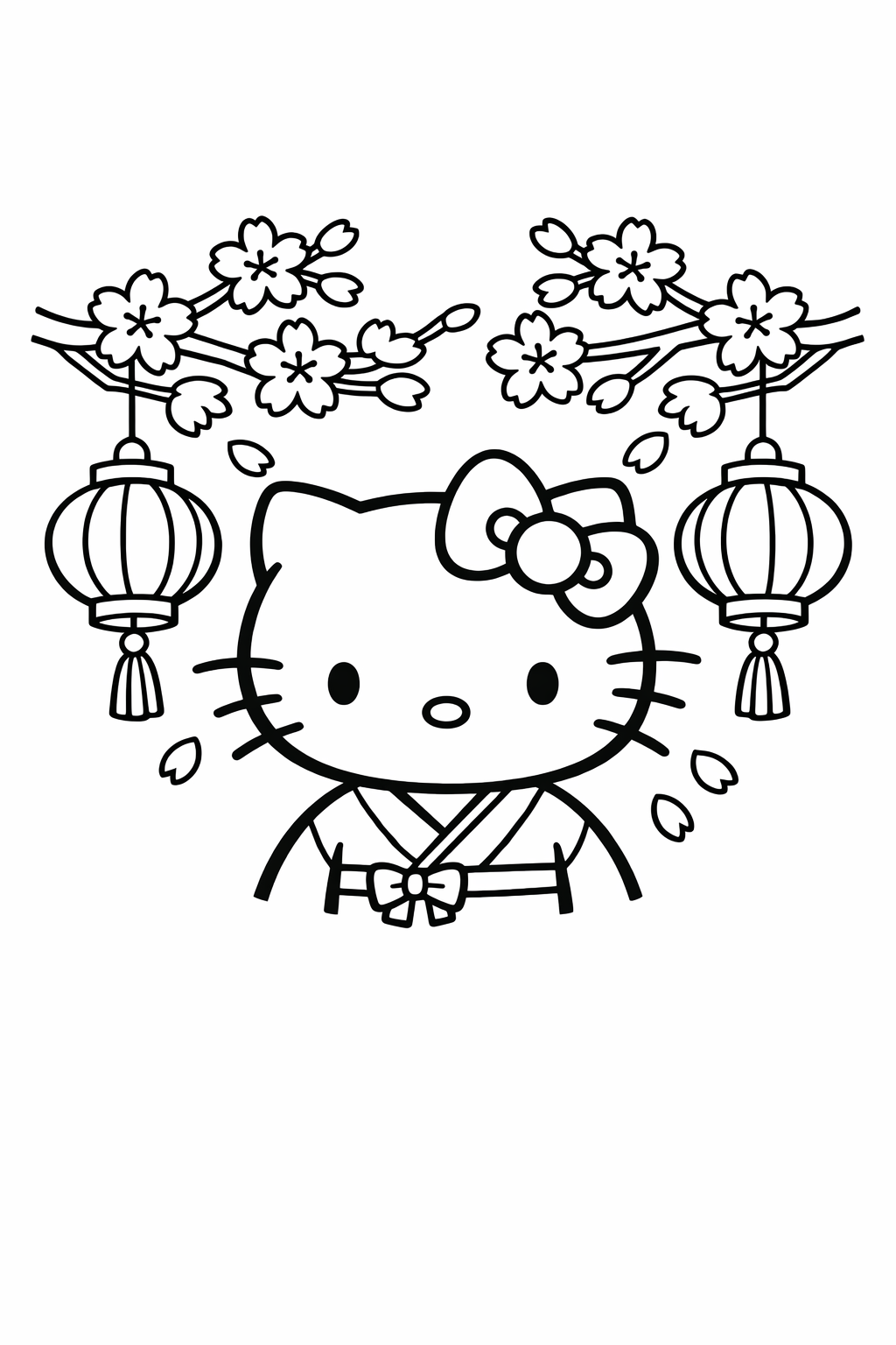 Hello Kitty under cherry blossoms with lanterns