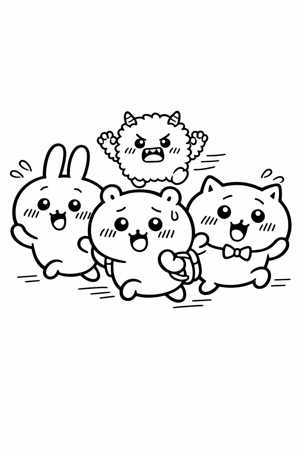 Chiikawa trio running from a tiny puffy monster