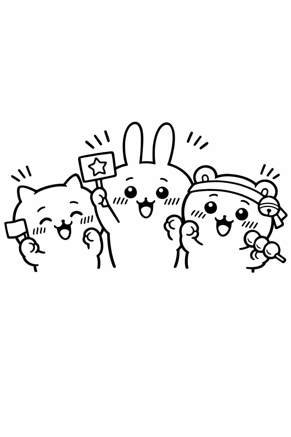 Chiikawa trio cheering after a small victory