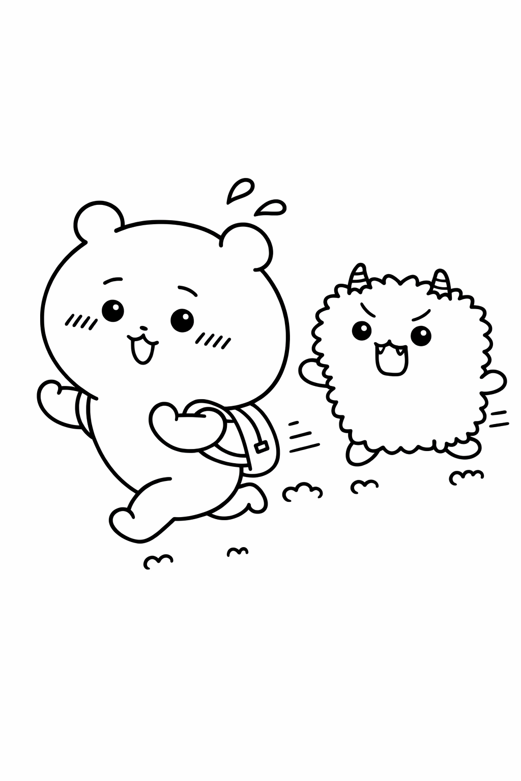 Chiikawa running from a tiny puffy monster