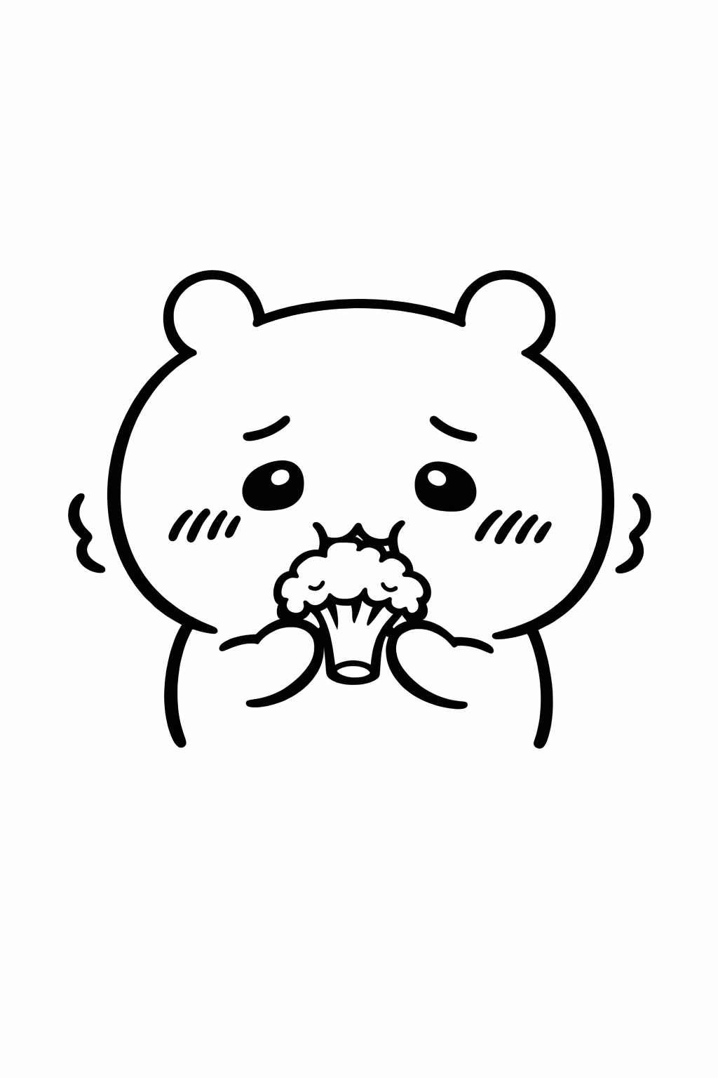 Chiikawa nibbling a broccoli floret reluctantly