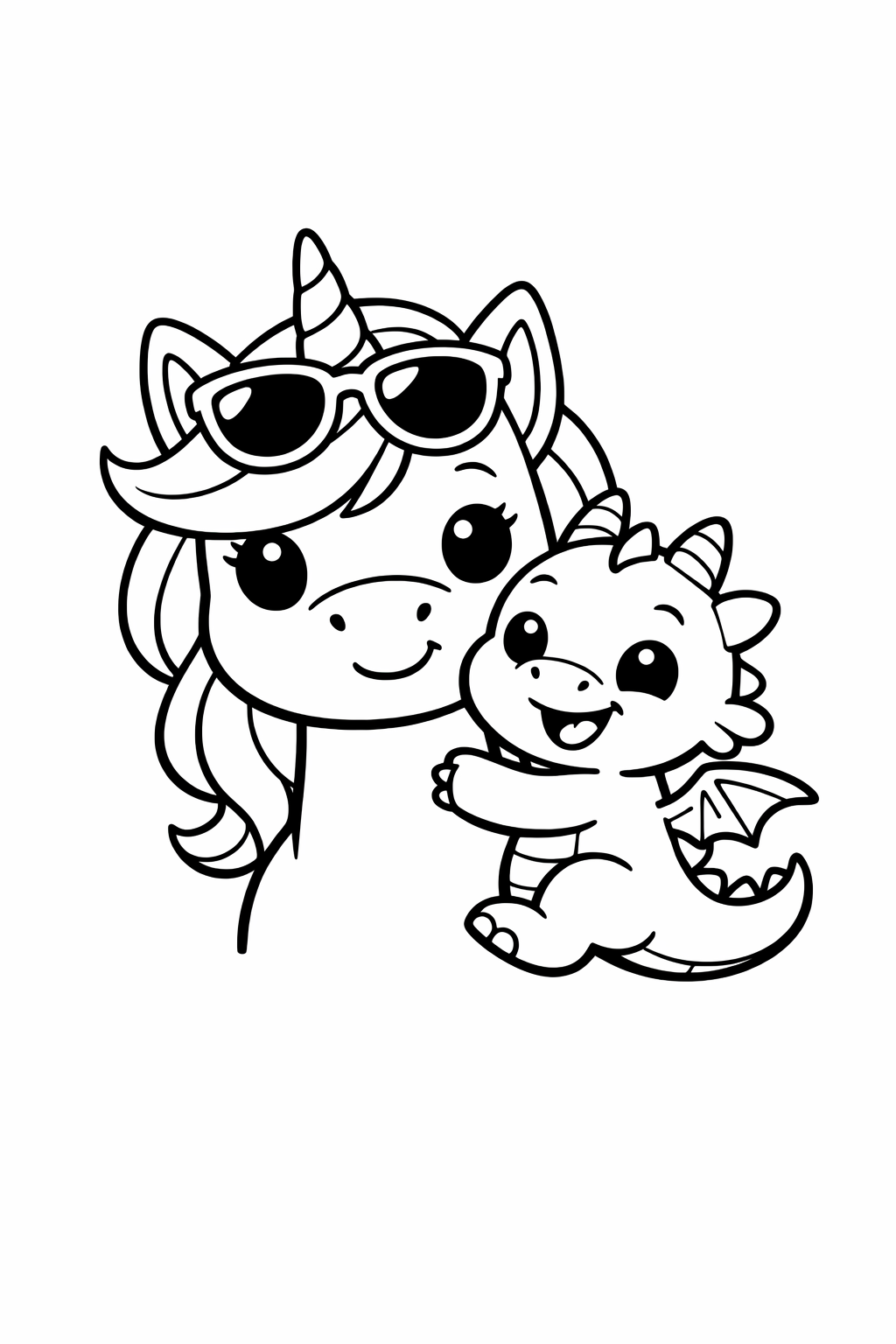 Unicorn with a cute baby dragon