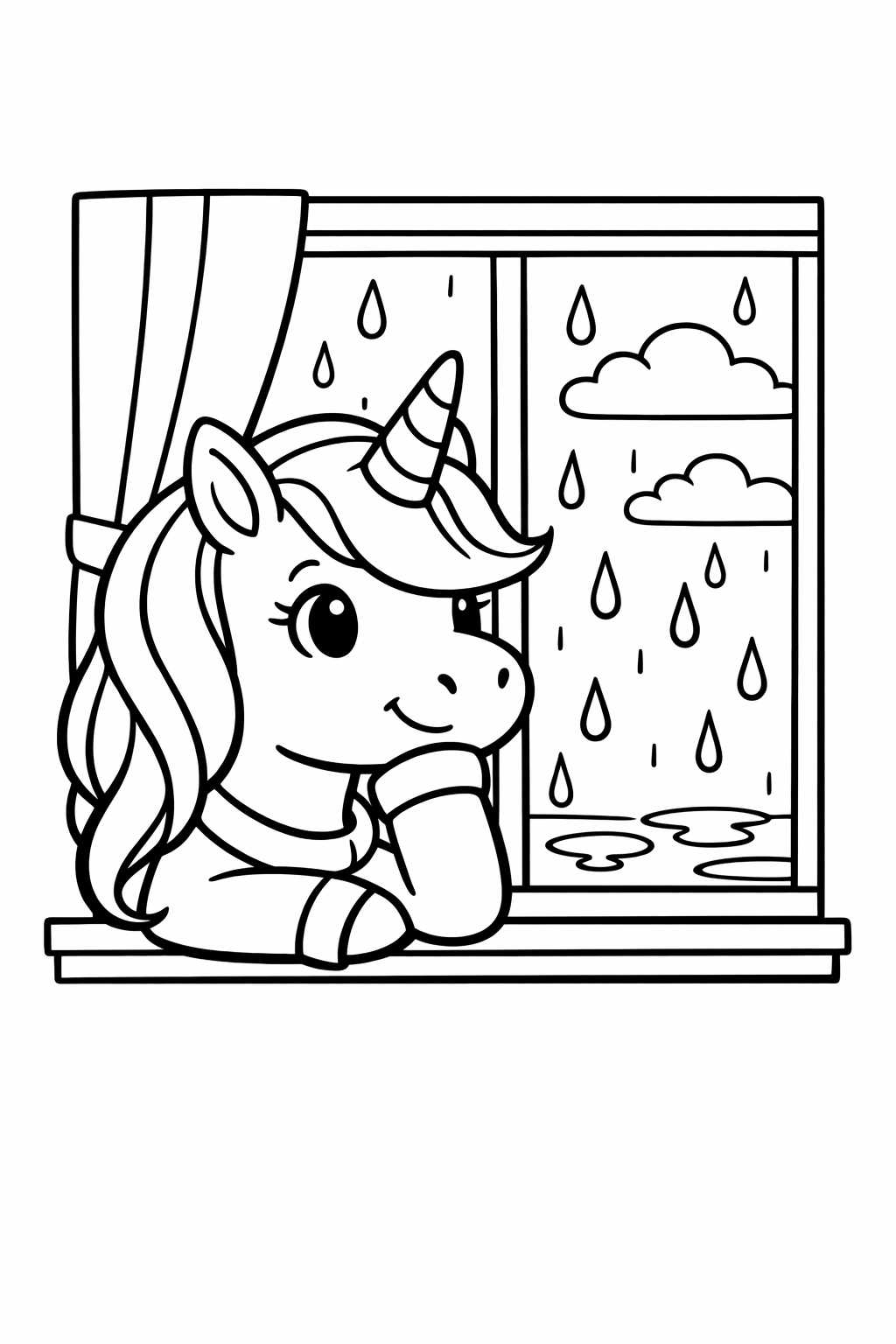 Unicorn looking out a rainy window