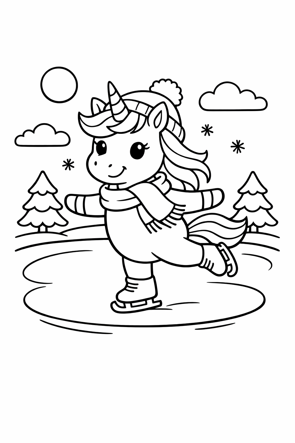 Unicorn skating on a frozen pond