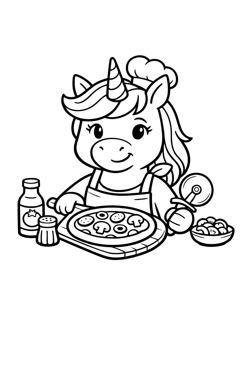 Unicorn baking a pizza with simple toppings