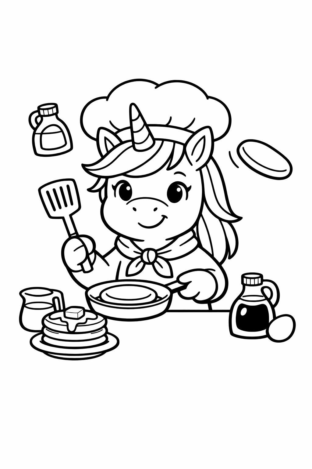 Unicorn wearing a chef hat making pancakes
