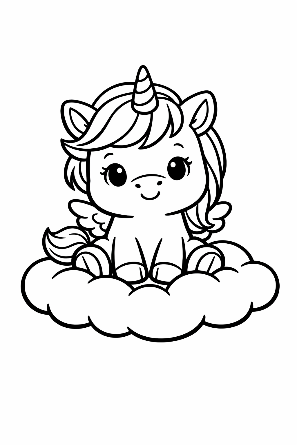 Kawaii baby unicorn sitting on a fluffy cloud