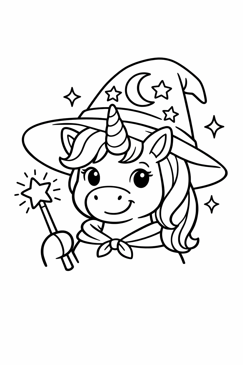 Unicorn wearing a wizard hat with a magic wand