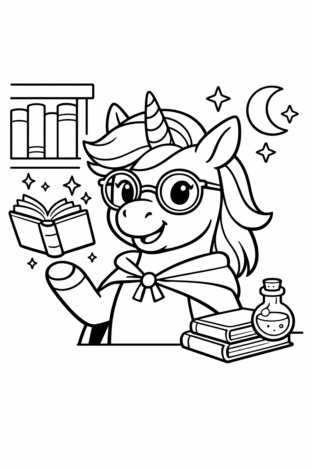 Unicorn in a magical library with a floating book