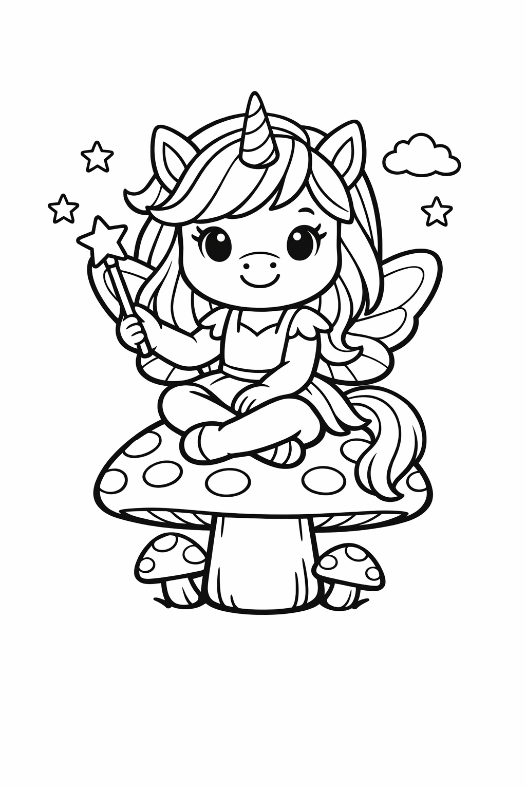 Fairy unicorn sitting on a mushroom