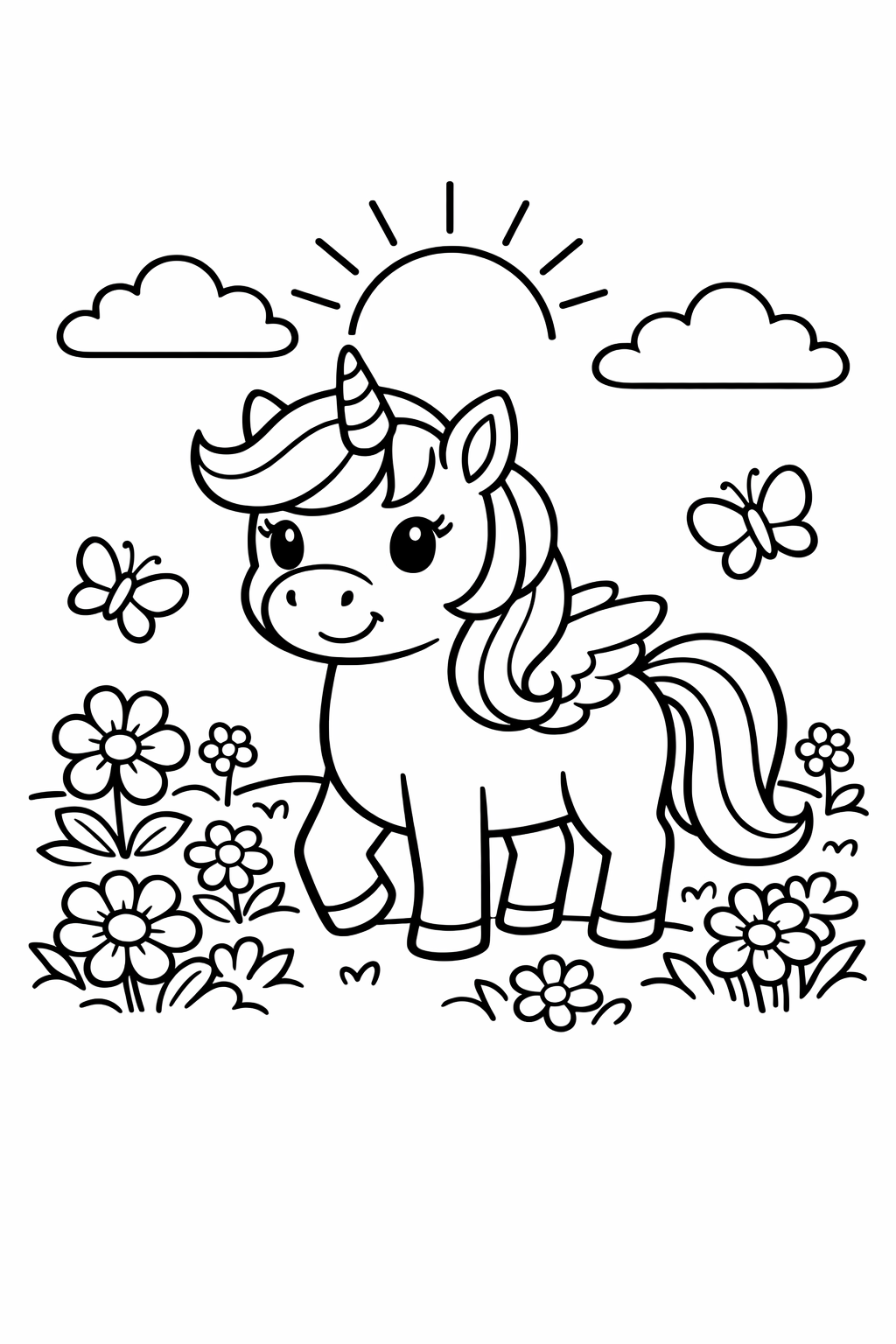 Unicorn standing in a flower meadow