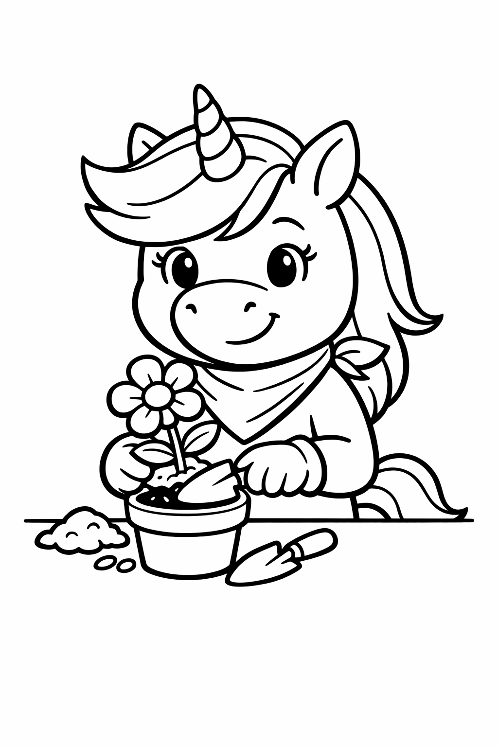 Unicorn planting a flower in a small garden pot