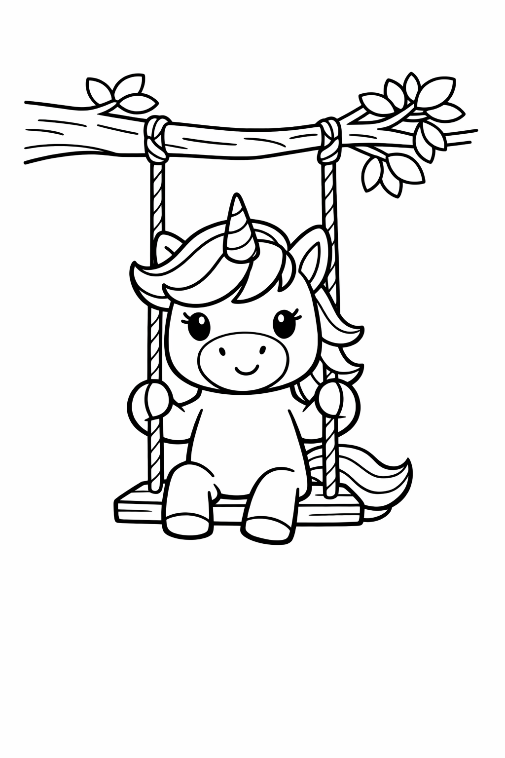 Unicorn on a swing hanging from a tree branch