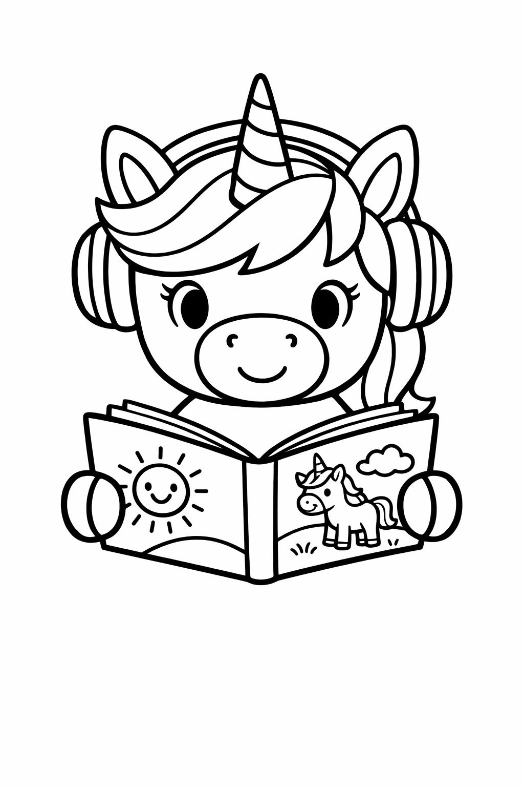 Unicorn reading a picture book