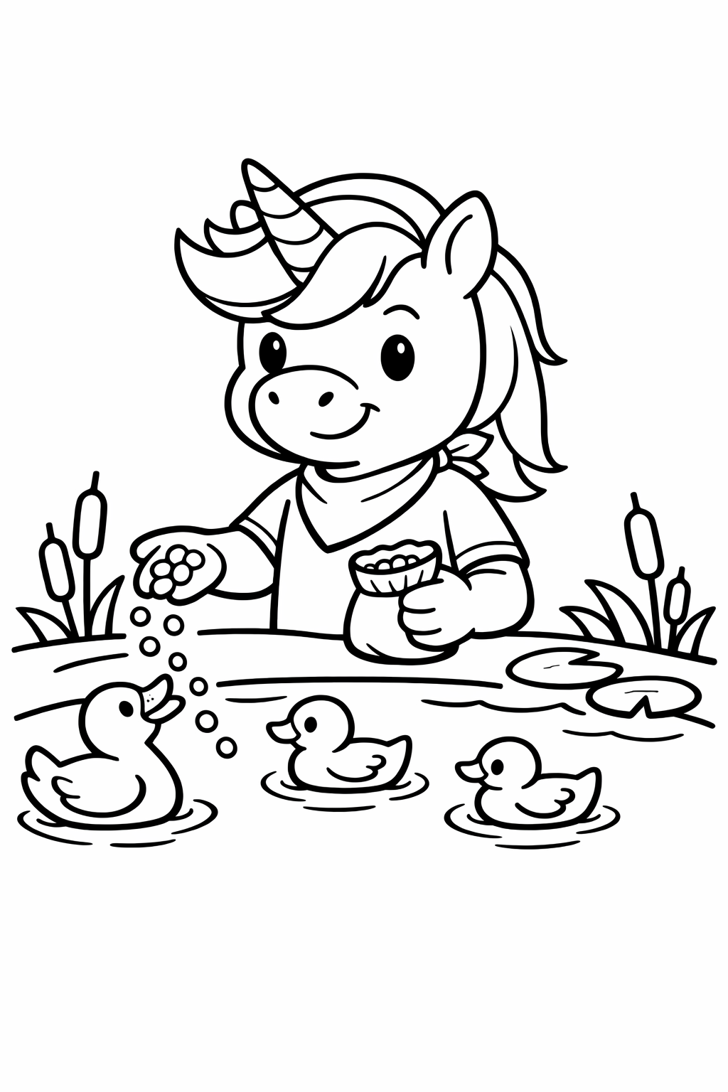 Unicorn feeding ducks at a pond