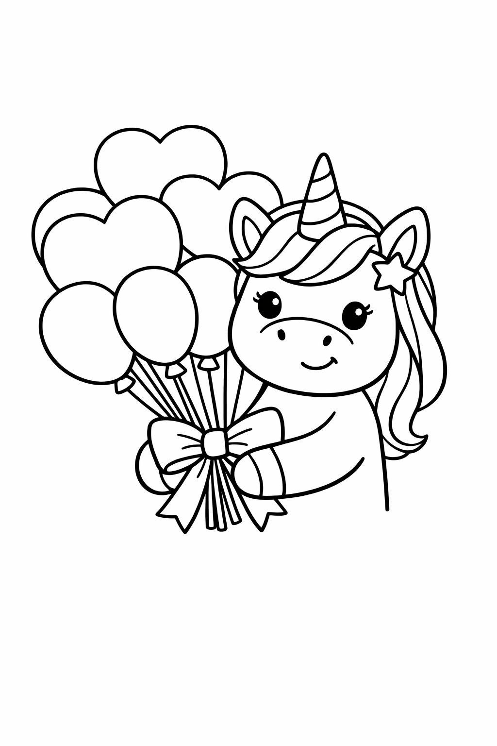 Unicorn holding a big bouquet of balloons