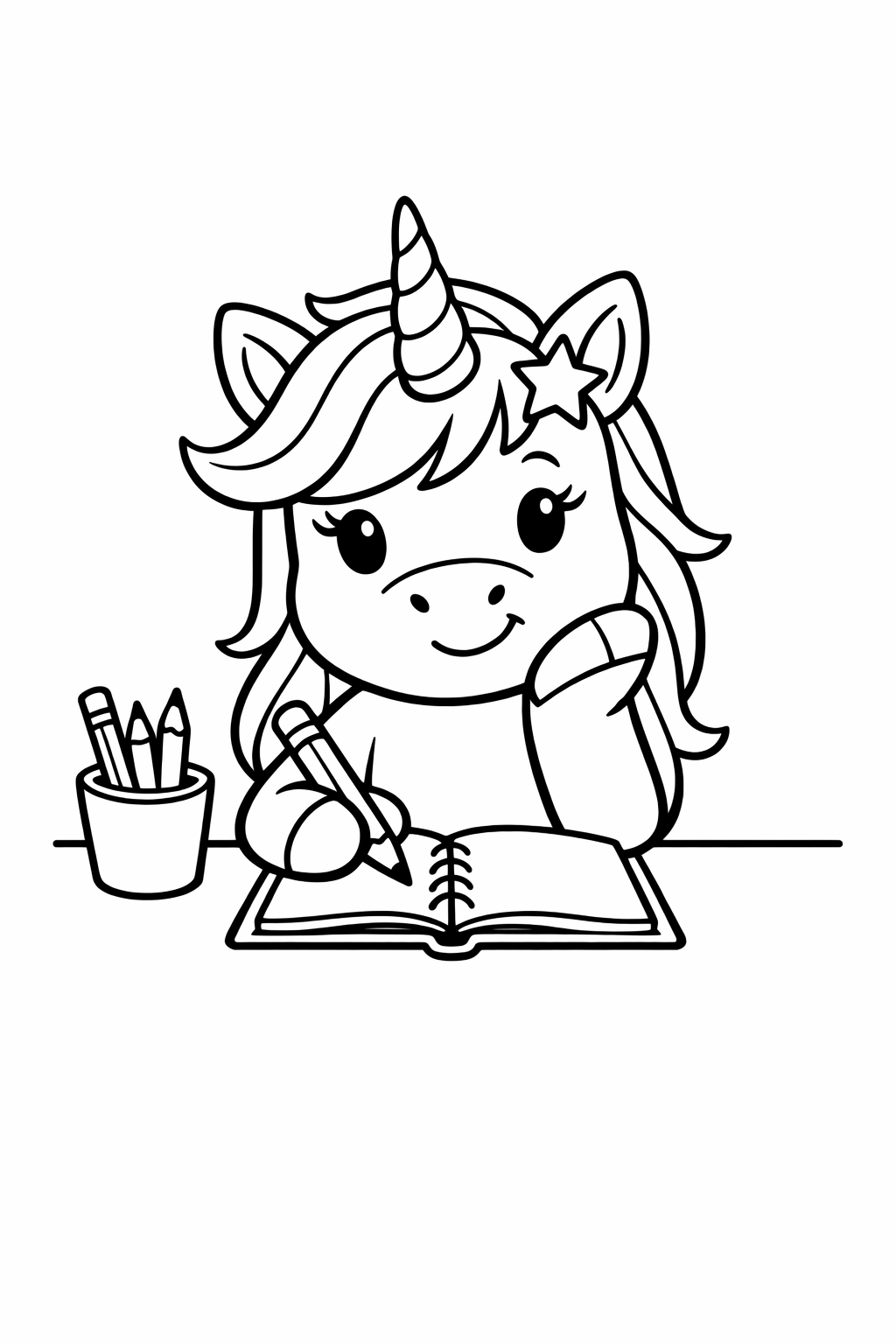 Unicorn at a desk with pencil and notebook